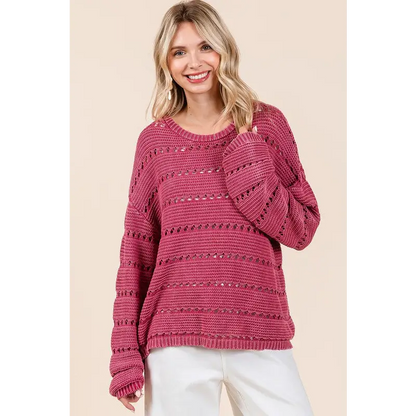 Openwork Round Neck Drop Shoulder Sweater.