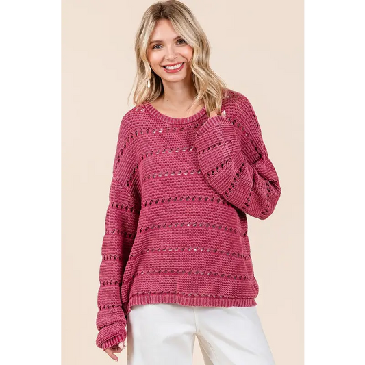Openwork Round Neck Drop Shoulder Sweater.