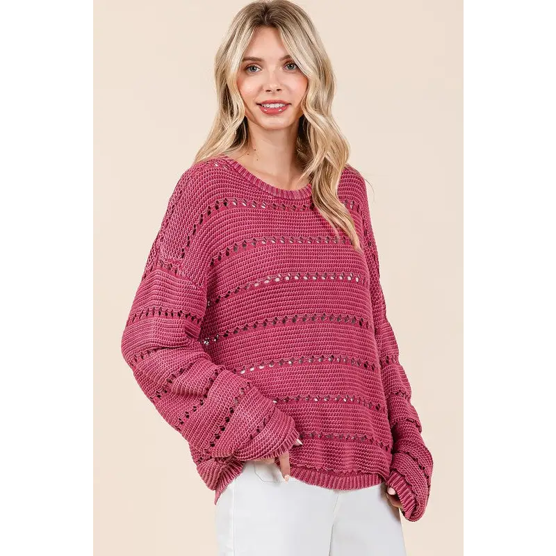 Openwork Round Neck Drop Shoulder Sweater.