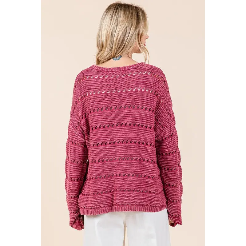 Openwork Round Neck Drop Shoulder Sweater.