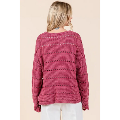 Openwork Round Neck Drop Shoulder Sweater.