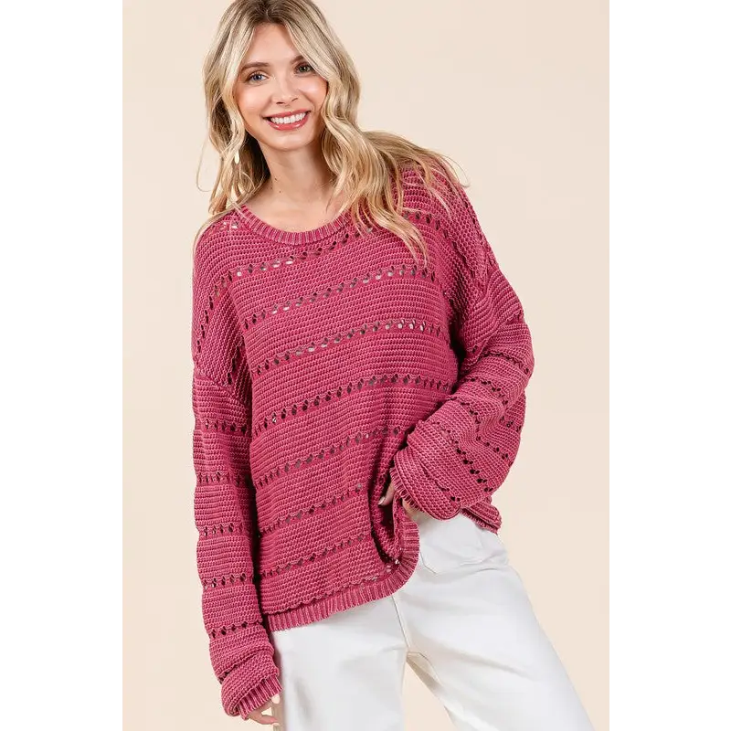 Openwork Round Neck Drop Shoulder Sweater.
