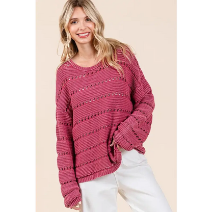 Openwork Round Neck Drop Shoulder Sweater.