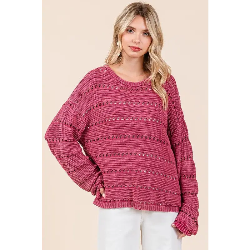 Openwork Round Neck Drop Shoulder Sweater.