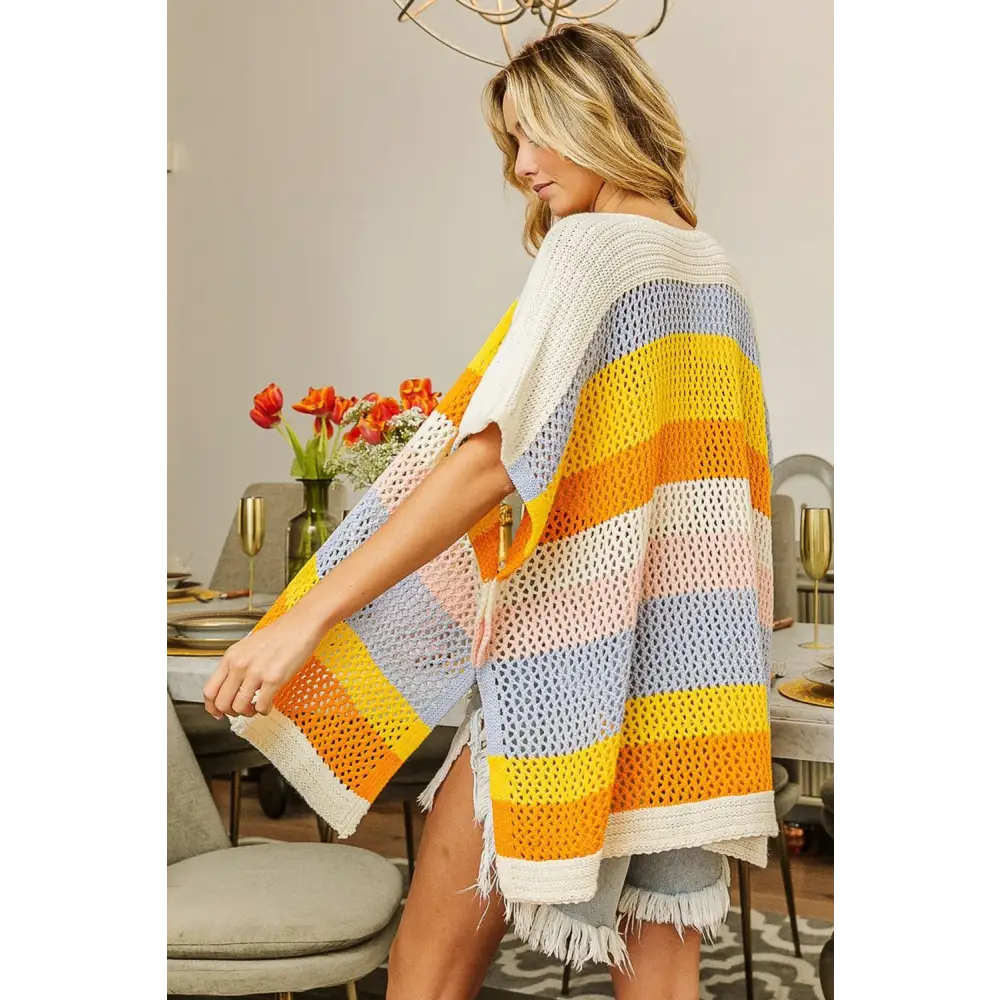 Openwork Striped Open Front Knit Cardigan.