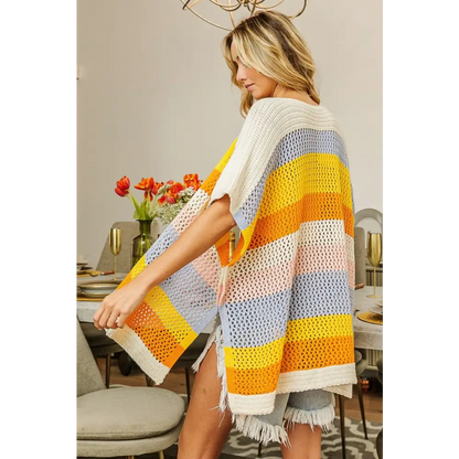 Openwork Striped Open Front Knit Cardigan.
