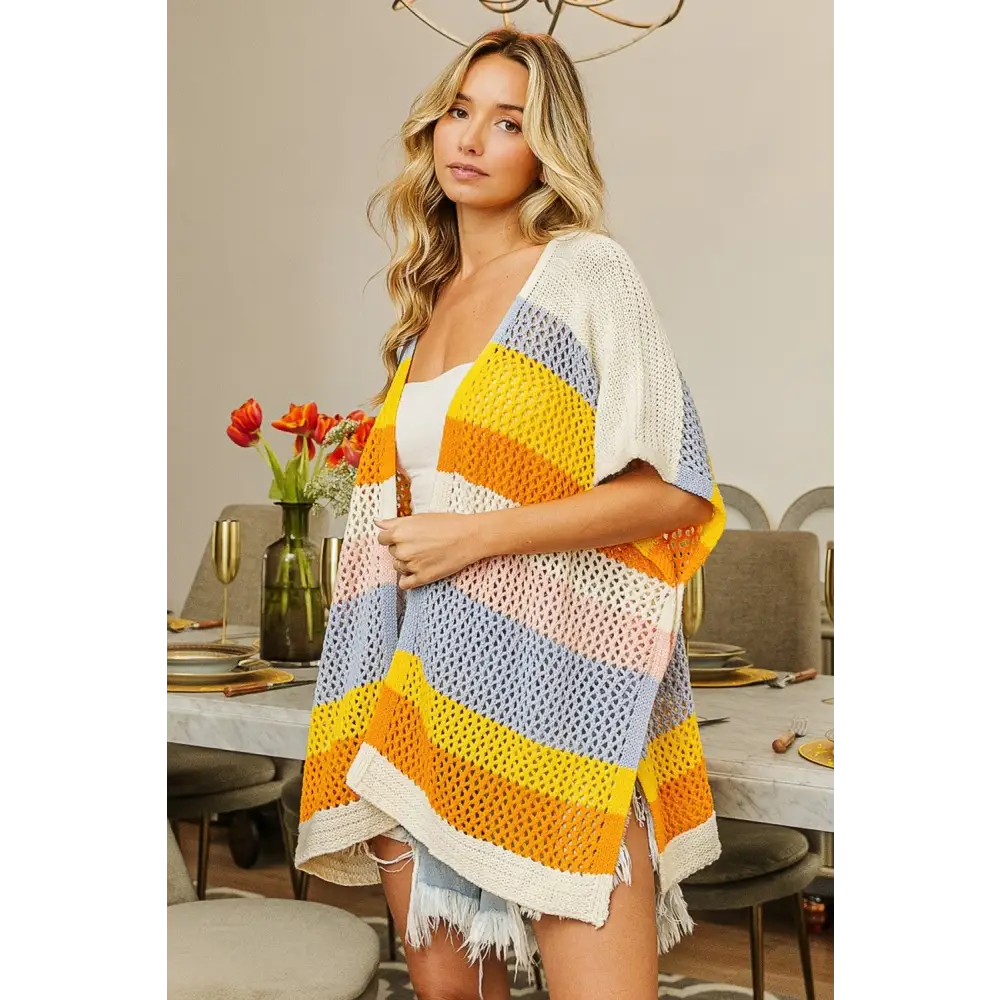 Openwork Striped Open Front Knit Cardigan.