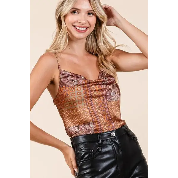 Paisley Patchwork Print Satin Cowl Neck Crop Cami.