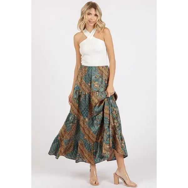 Paisley Patchwork Print Satin Maxi Skirt.