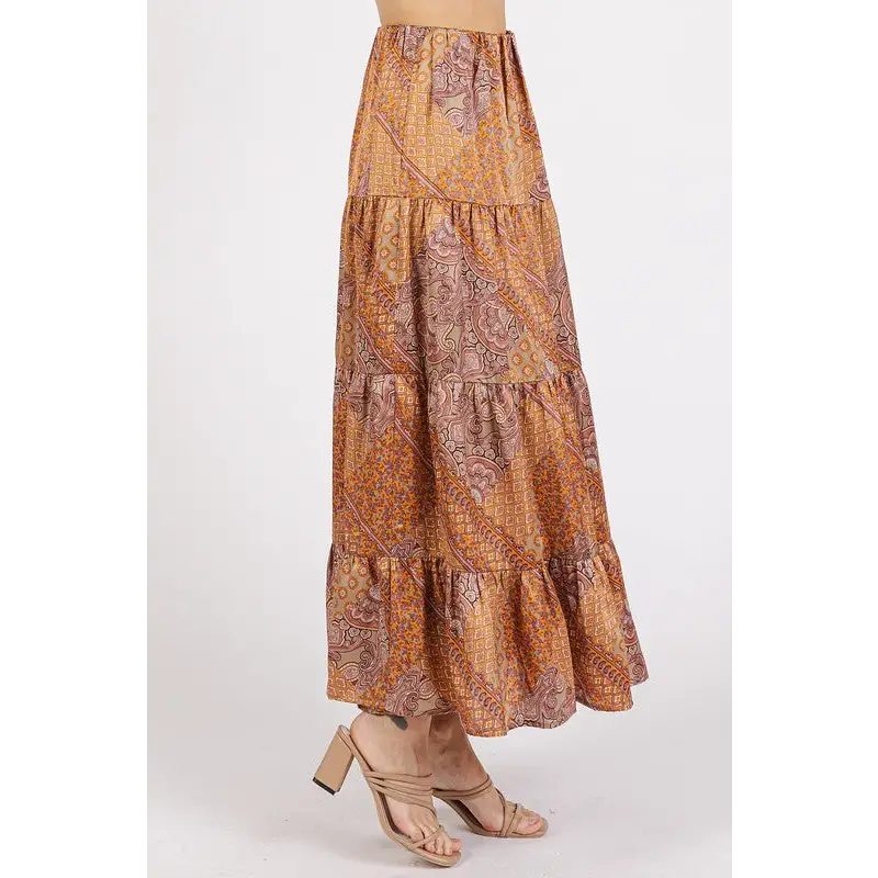 Paisley Patchwork Print Satin Maxi Skirt.