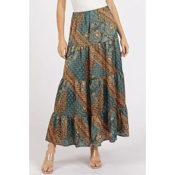 Paisley Patchwork Print Satin Maxi Skirt.