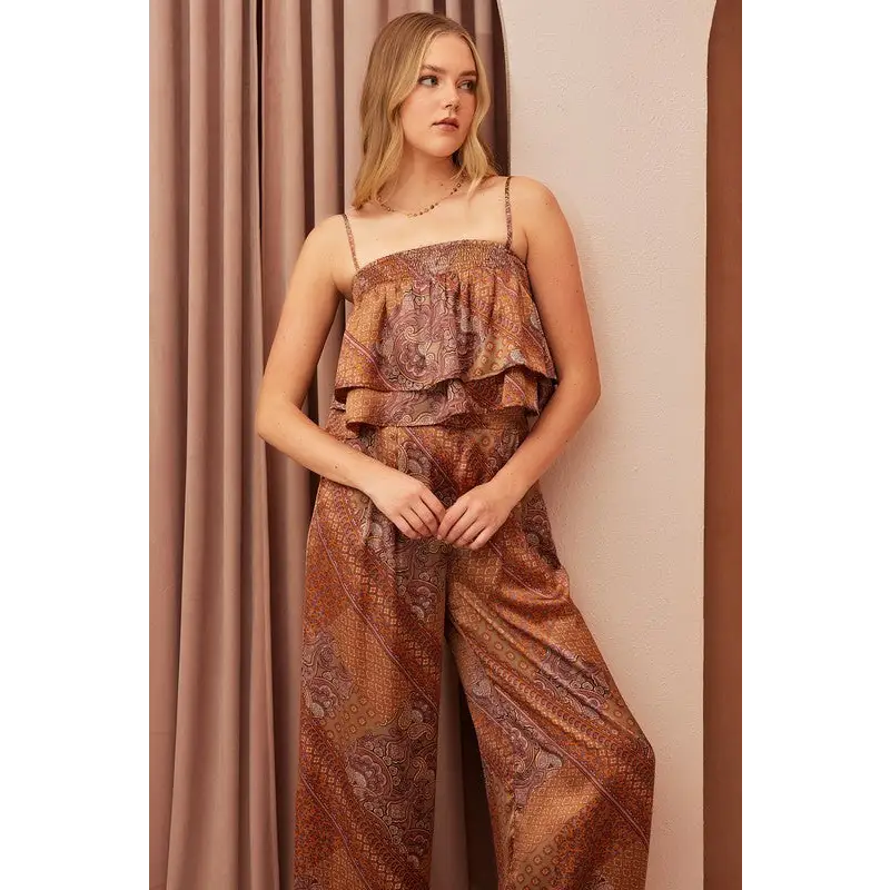 Paisley Patchwork Print Satin Ruffle Crop Cami.