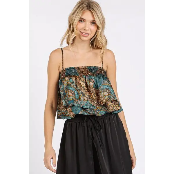 Paisley Patchwork Print Satin Ruffle Crop Cami.