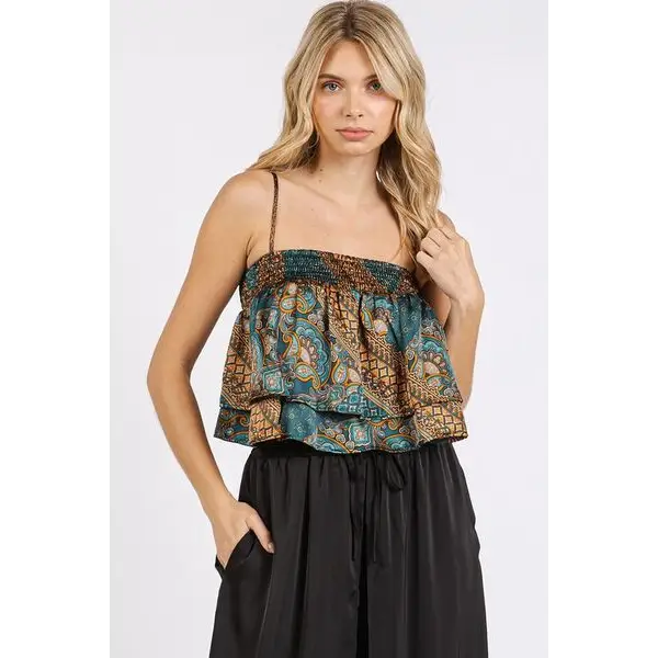 Paisley Patchwork Print Satin Ruffle Crop Cami.