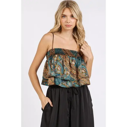 Paisley Patchwork Print Satin Ruffle Crop Cami.