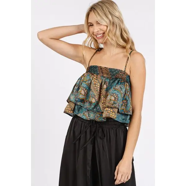 Paisley Patchwork Print Satin Ruffle Crop Cami.
