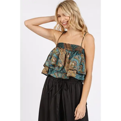 Paisley Patchwork Print Satin Ruffle Crop Cami.