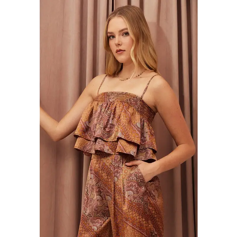 Paisley Patchwork Print Satin Ruffle Crop Cami.