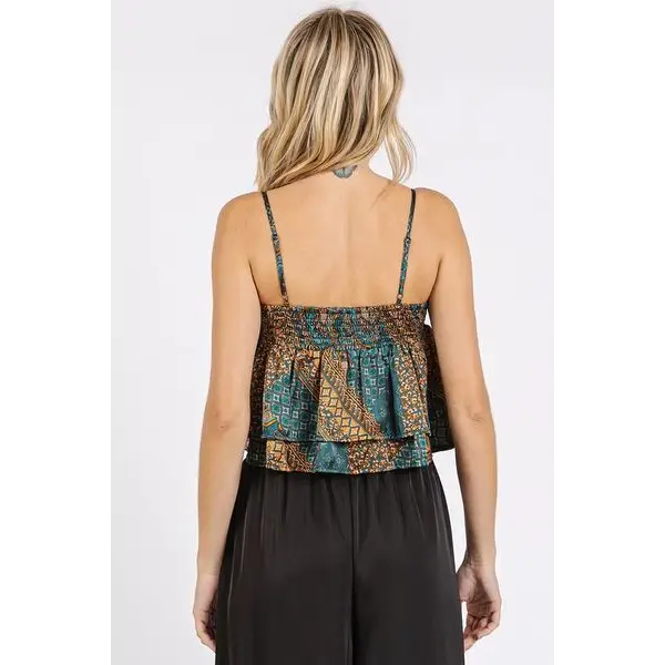 Paisley Patchwork Print Satin Ruffle Crop Cami.