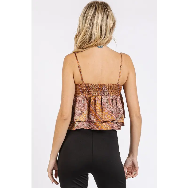Paisley Patchwork Print Satin Ruffle Crop Cami.