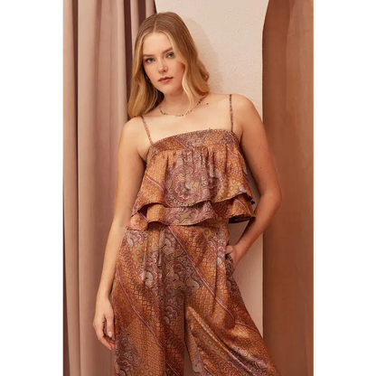 Paisley Patchwork Print Satin Ruffle Crop Cami.