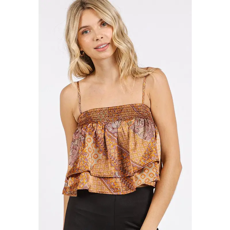 Paisley Patchwork Print Satin Ruffle Crop Cami.