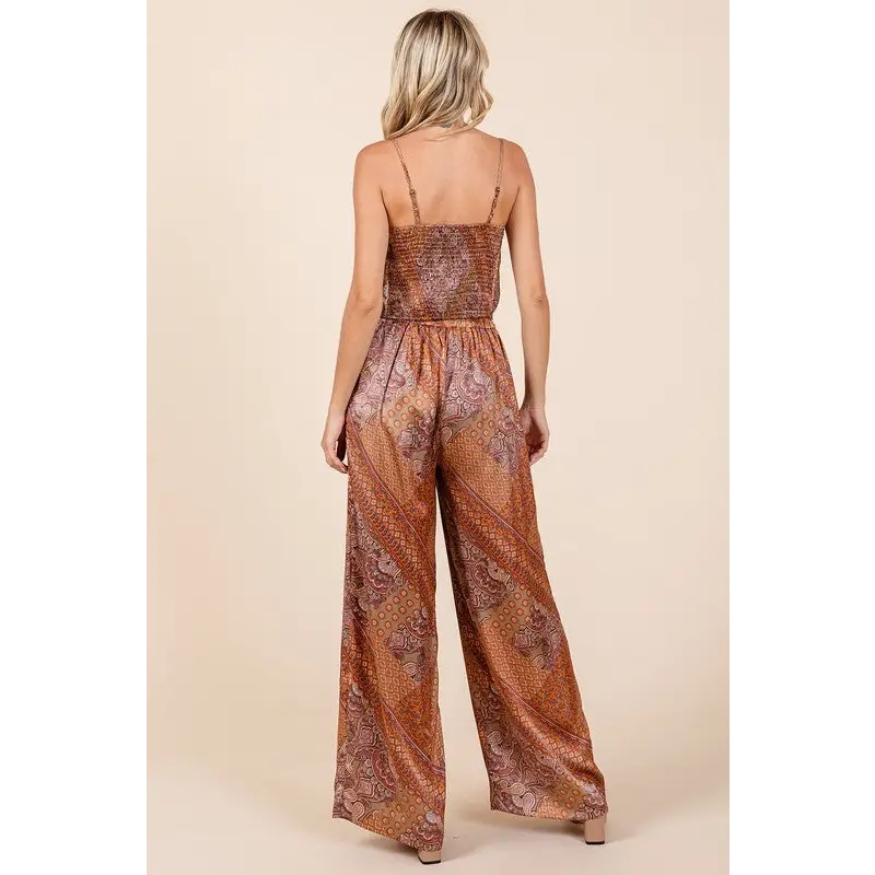 Paisley Patchwork Print Satin Wide Leg Pants.
