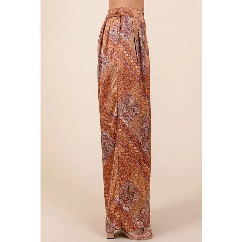 Paisley Patchwork Print Satin Wide Leg Pants.