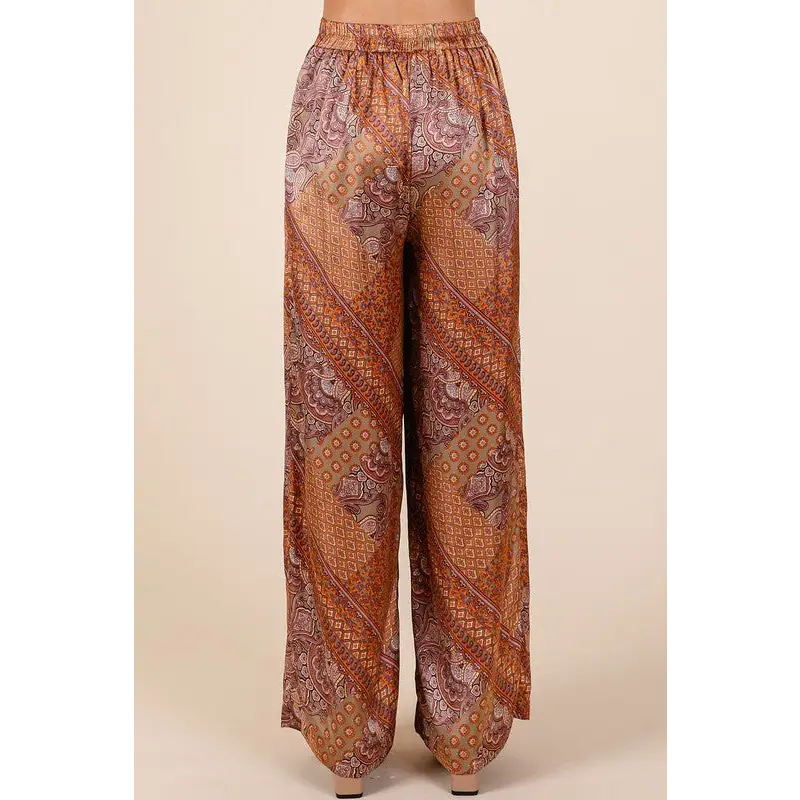 Paisley Patchwork Print Satin Wide Leg Pants.