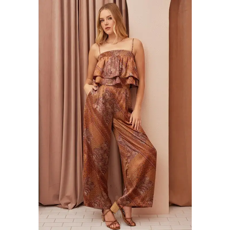Paisley Patchwork Print Satin Wide Leg Pants.