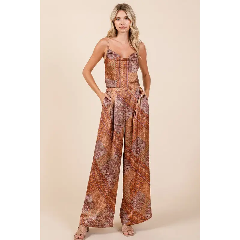 Paisley Patchwork Print Satin Wide Leg Pants.