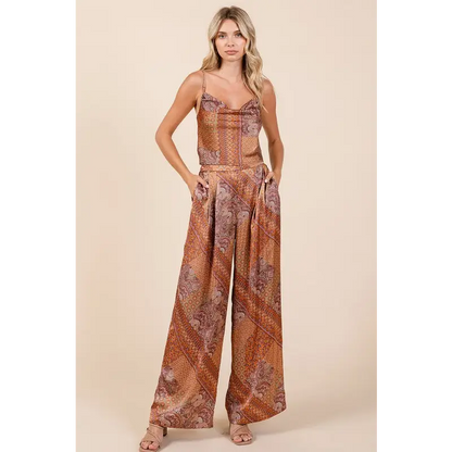 Paisley Patchwork Print Satin Wide Leg Pants.