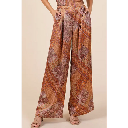 Paisley Patchwork Print Satin Wide Leg Pants.