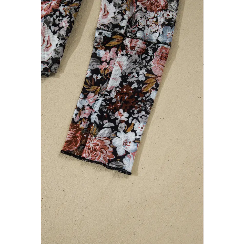 Pink Floral Print Mesh Mock Neck Slim Blouse.