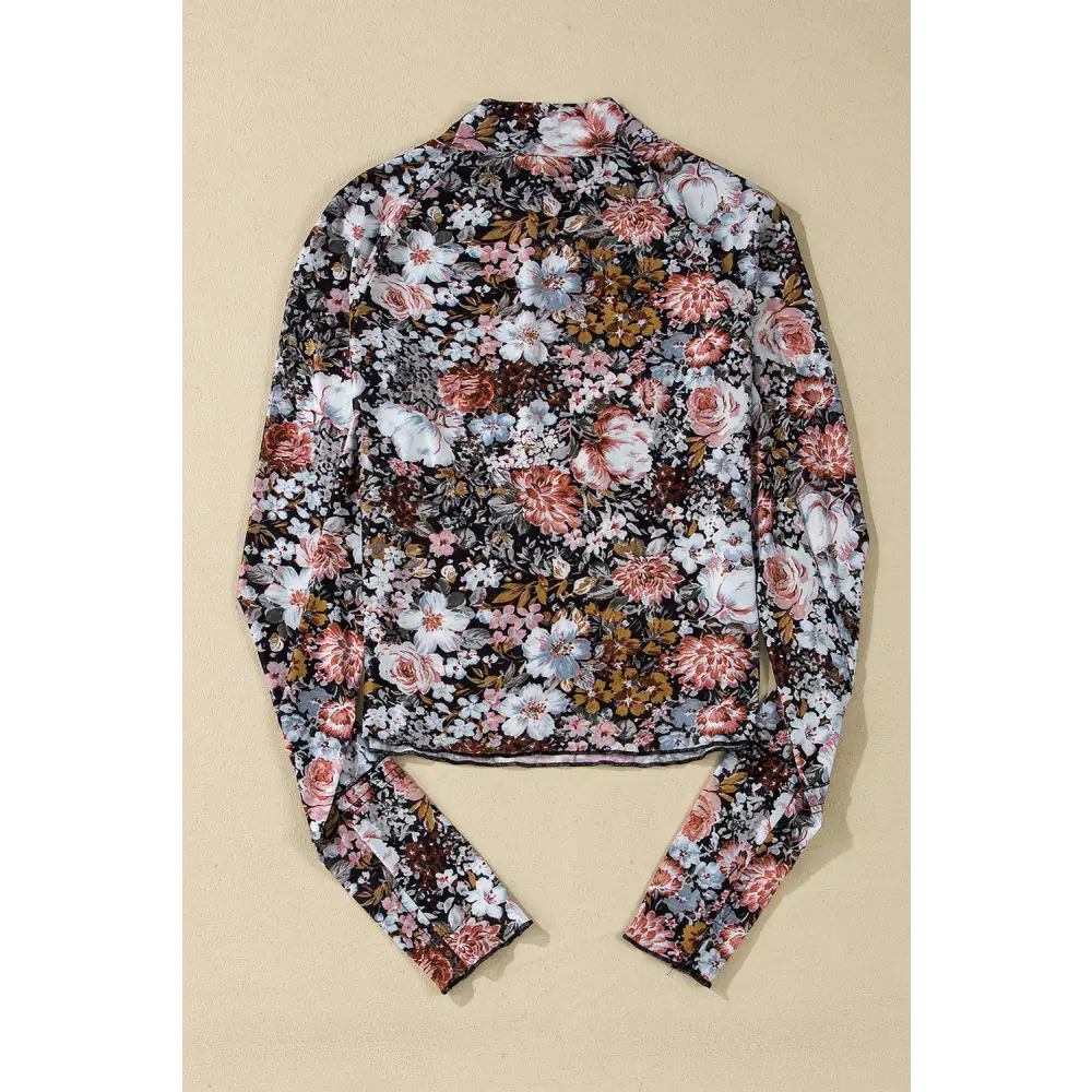 Pink Floral Print Mesh Mock Neck Slim Blouse.