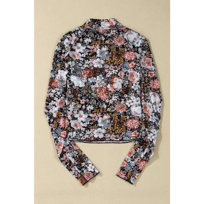 Pink Floral Print Mesh Mock Neck Slim Blouse.