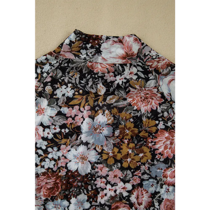 Pink Floral Print Mesh Mock Neck Slim Blouse.