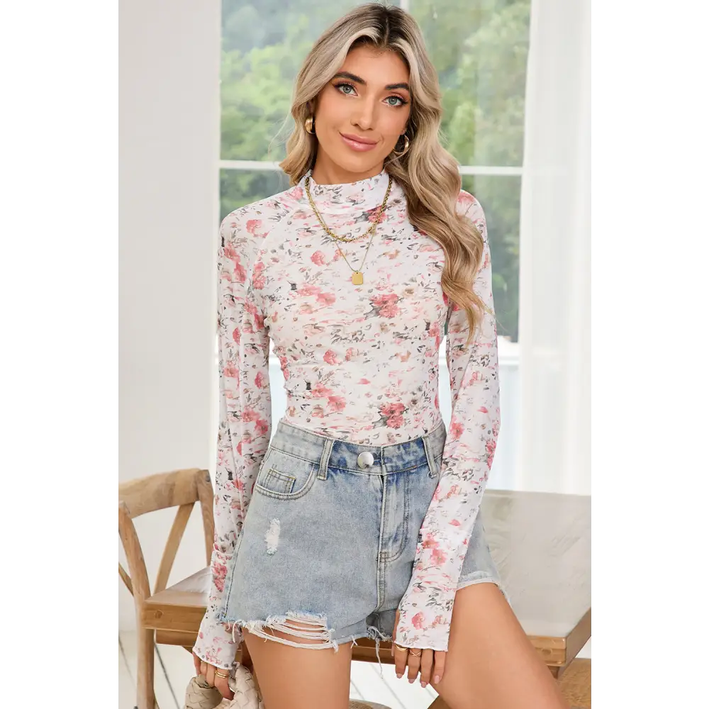 Pink Floral Print Mesh Mock Neck Slim Blouse.
