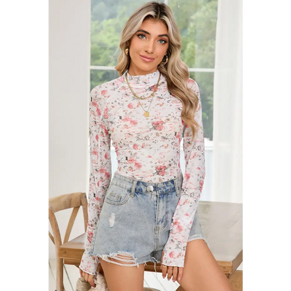 Pink Floral Print Mesh Mock Neck Slim Blouse.