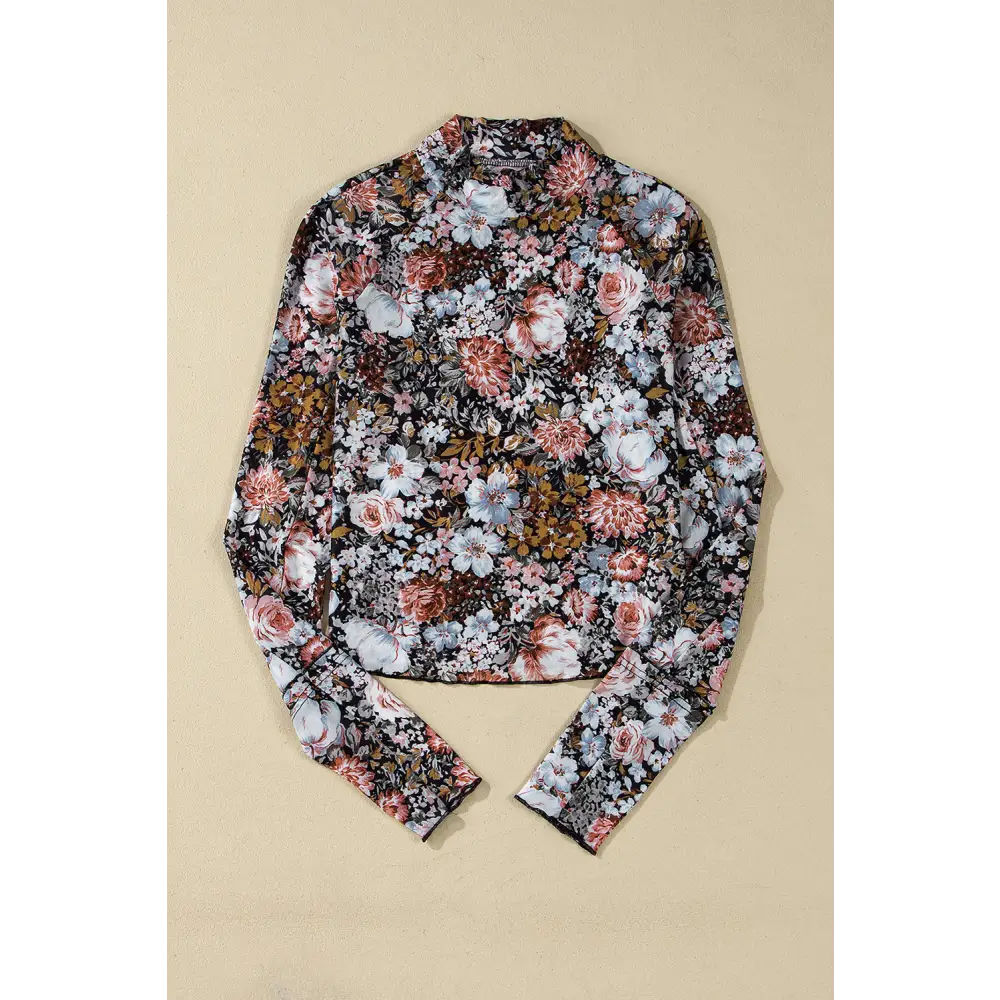Pink Floral Print Mesh Mock Neck Slim Blouse.