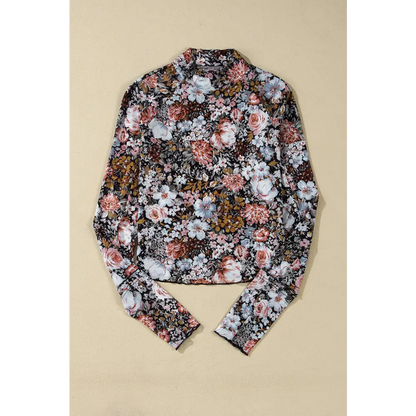 Pink Floral Print Mesh Mock Neck Slim Blouse.