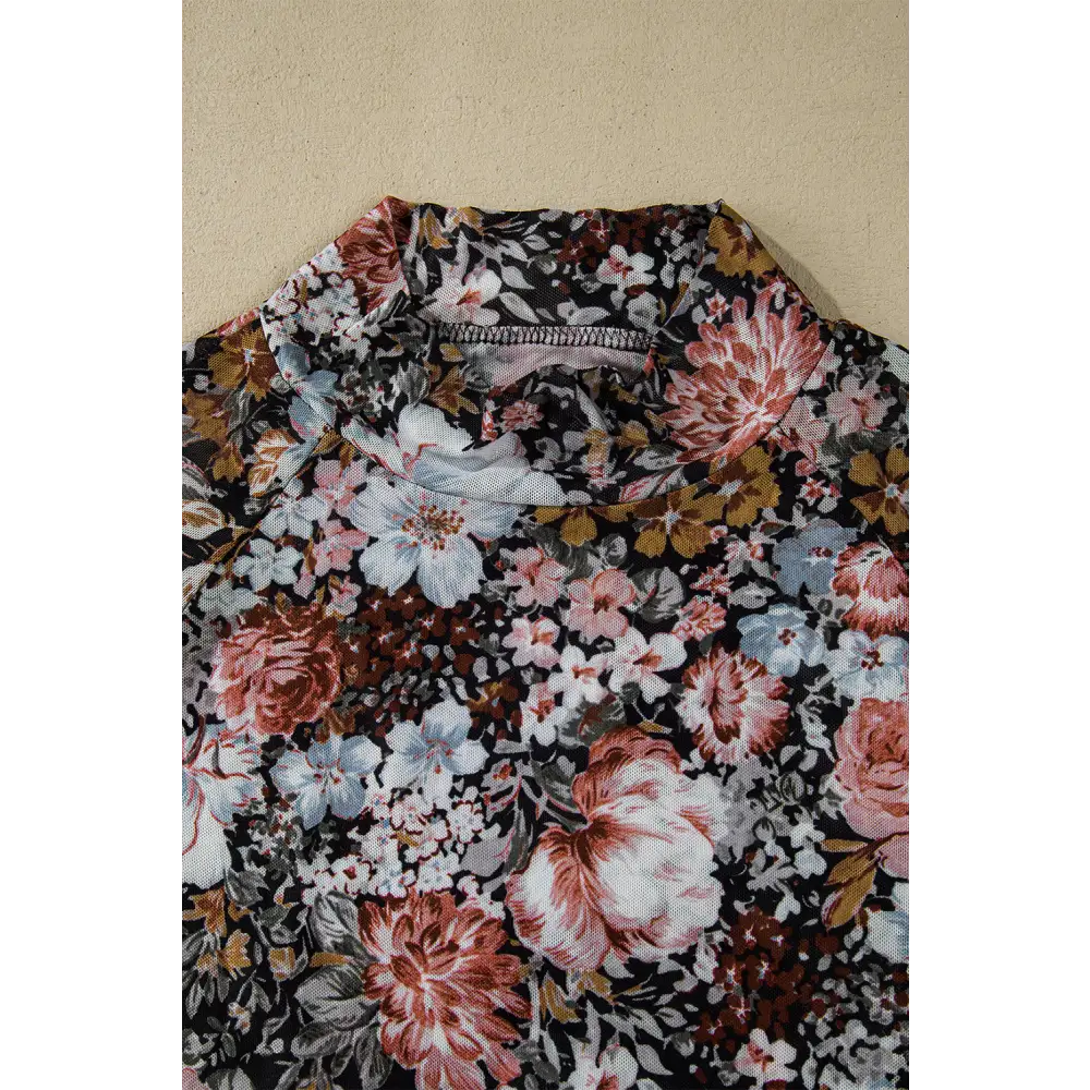 Pink Floral Print Mesh Mock Neck Slim Blouse.