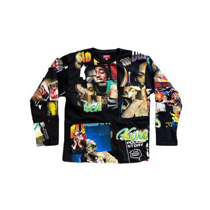 A black long-sleeve crewneck sweatshirt featuring a collage print of Tupac Shakur, with various graphic elements, text, and imagery, laid flat on a gray background.