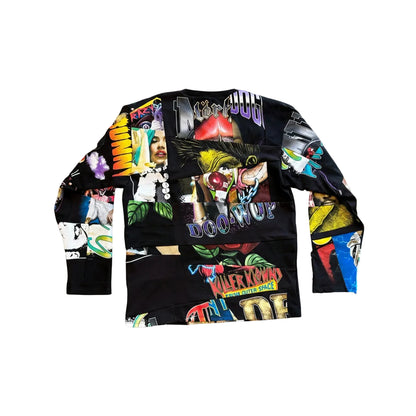 A long-sleeve black crewneck sweatshirt featuring a highly detailed, colorful graphic collage print on the front and sleeves, displayed against a neutral gray background.