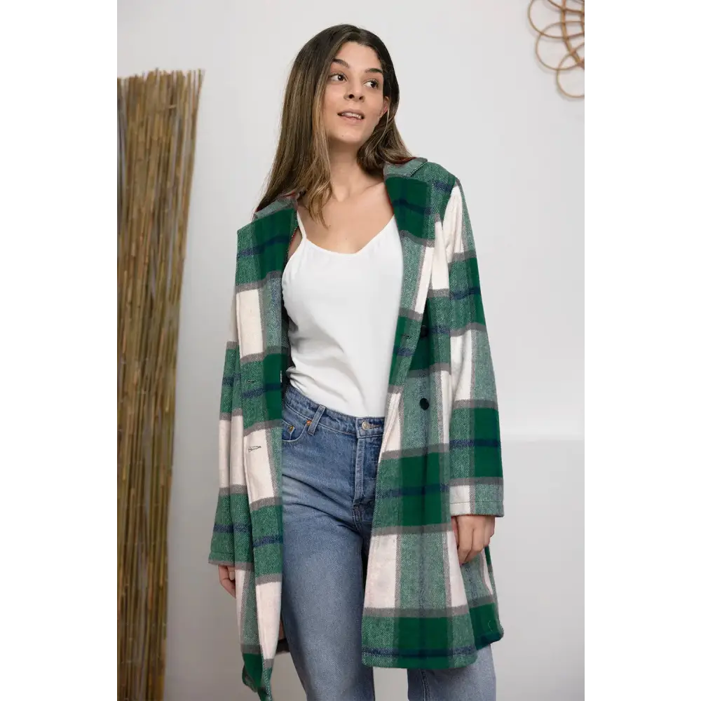 Plaid Button Up Lapel Collar Coat.