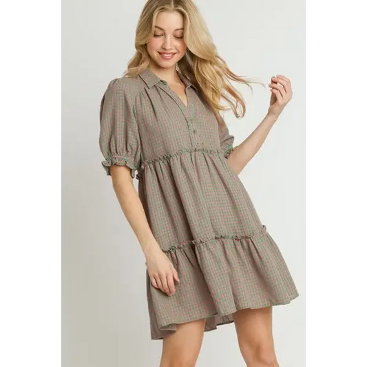 Plaid Frill Button Detail Ruffled Short Sleeve Dress.