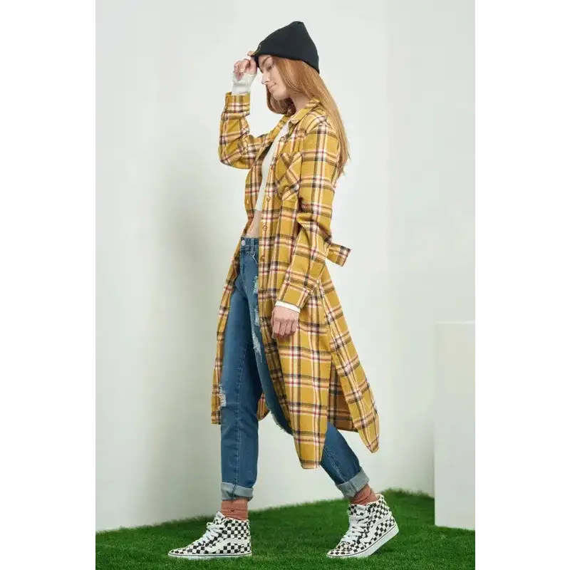 Plaid Print Collar Long Shirt Dress.