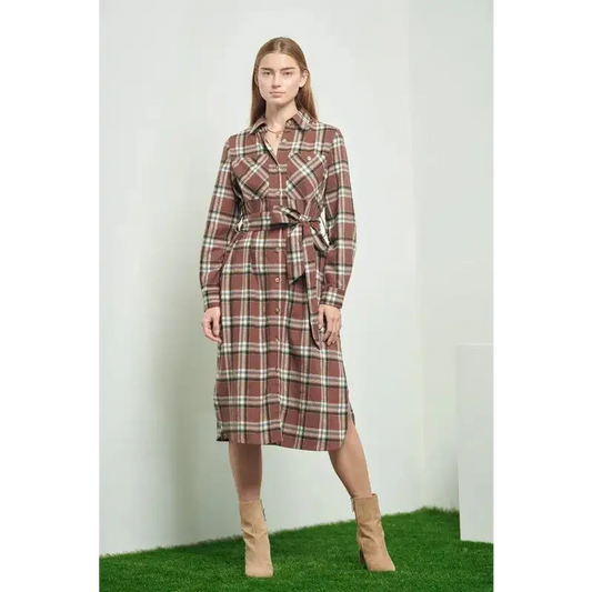Plaid Print Collar Long Shirt Dress.