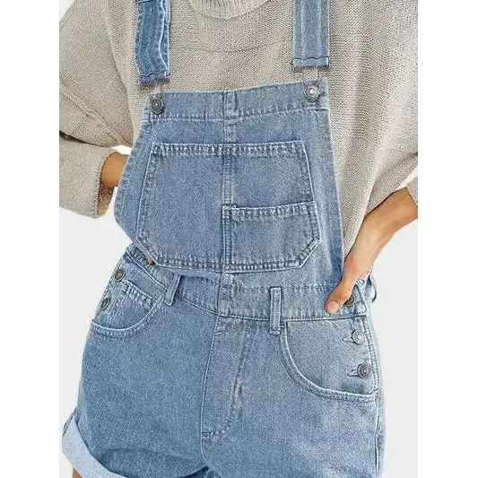 Pocketed Square Neck Wide Strap Denim Overalls.