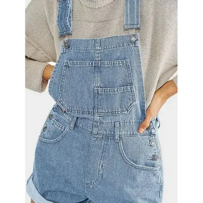 Pocketed Square Neck Wide Strap Denim Overalls.